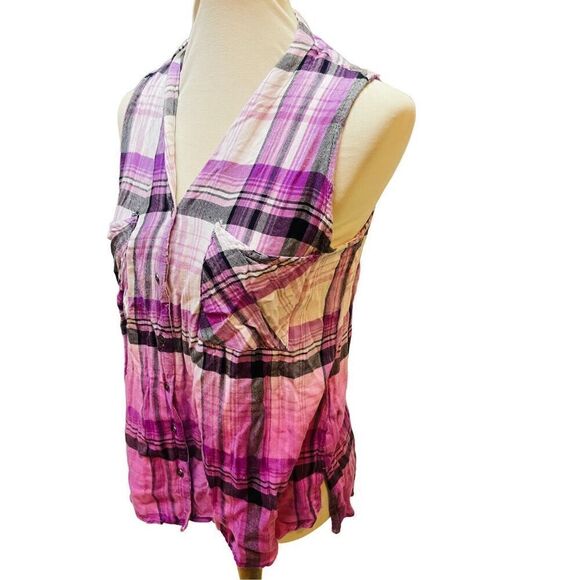 Rock & Republic Purple Checkered Split Back Sleeveless Button Front 100% Rayon B - Picture 11 of 14
